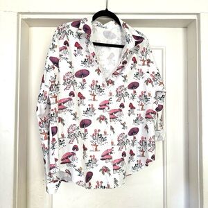 Mushroom Fox Print Blouse Long Sleeve Size XXL